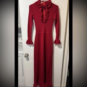 Vintage Crissa Linea Italiana Dress Wool Red Ruffle Peekaboo L/S Maxi Italy S M